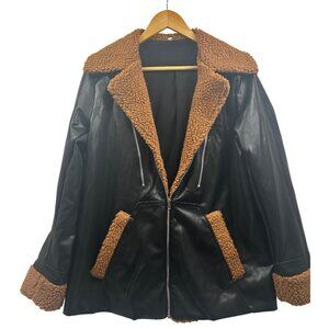 Sherpa Aviator Jacket Womens Large Faux‎ Leather Black Brown Teddy Collar Fall